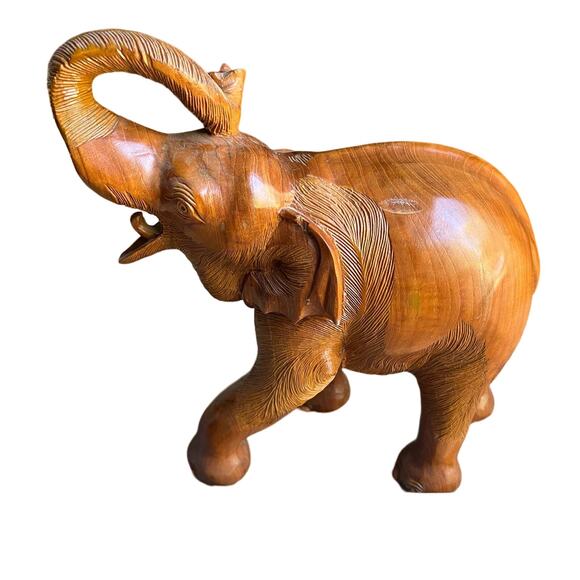 Vintage Hand Carved Large Wooden Elephant Staue Sculpture Trunk Up - Picture 2 of 12